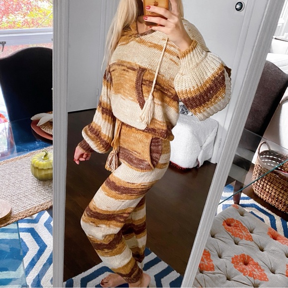 🍂 MOON RIVER BROWN TAN OMBRE KNIT TASSEL PANTS & HOODIE SET! - Picture 2 of 16